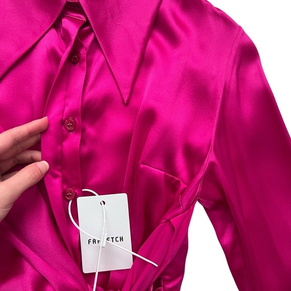 NWT 16Arlington 100% Silk Satin Bright Pink Tie Front Button Blouse Top SZ US 6 - Picture 6 of 14